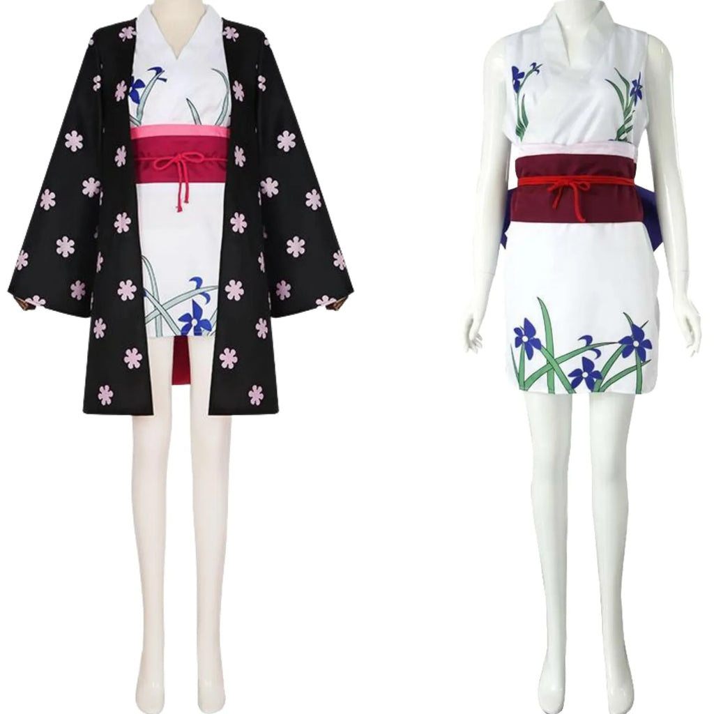 front and back view of nico robin wano cosplay, black printed haori and white flower kimono dress on mannequin