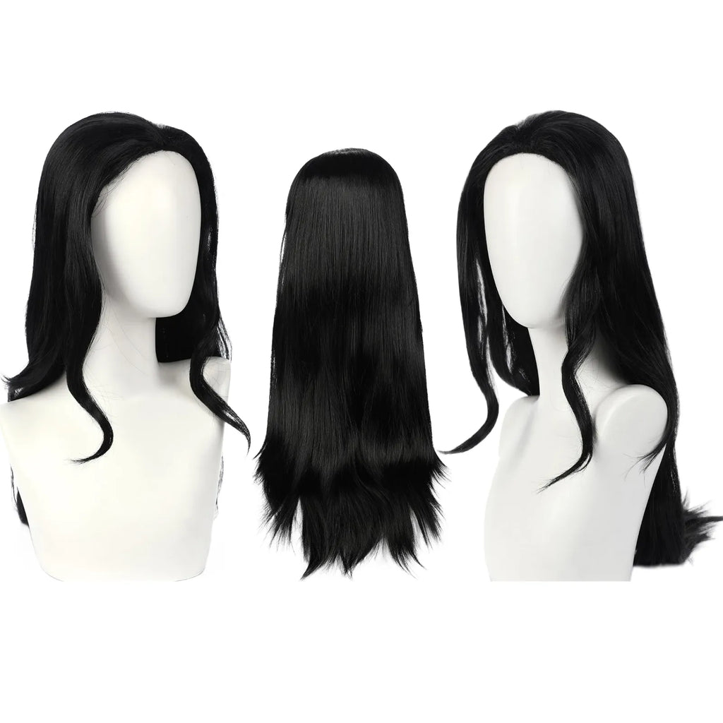 nico robin cosplay wig, long wavy black hair, three angle display on white mannequin head