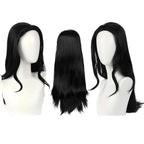 nico robin cosplay wig, long wavy black hair, three angle display on white mannequin head