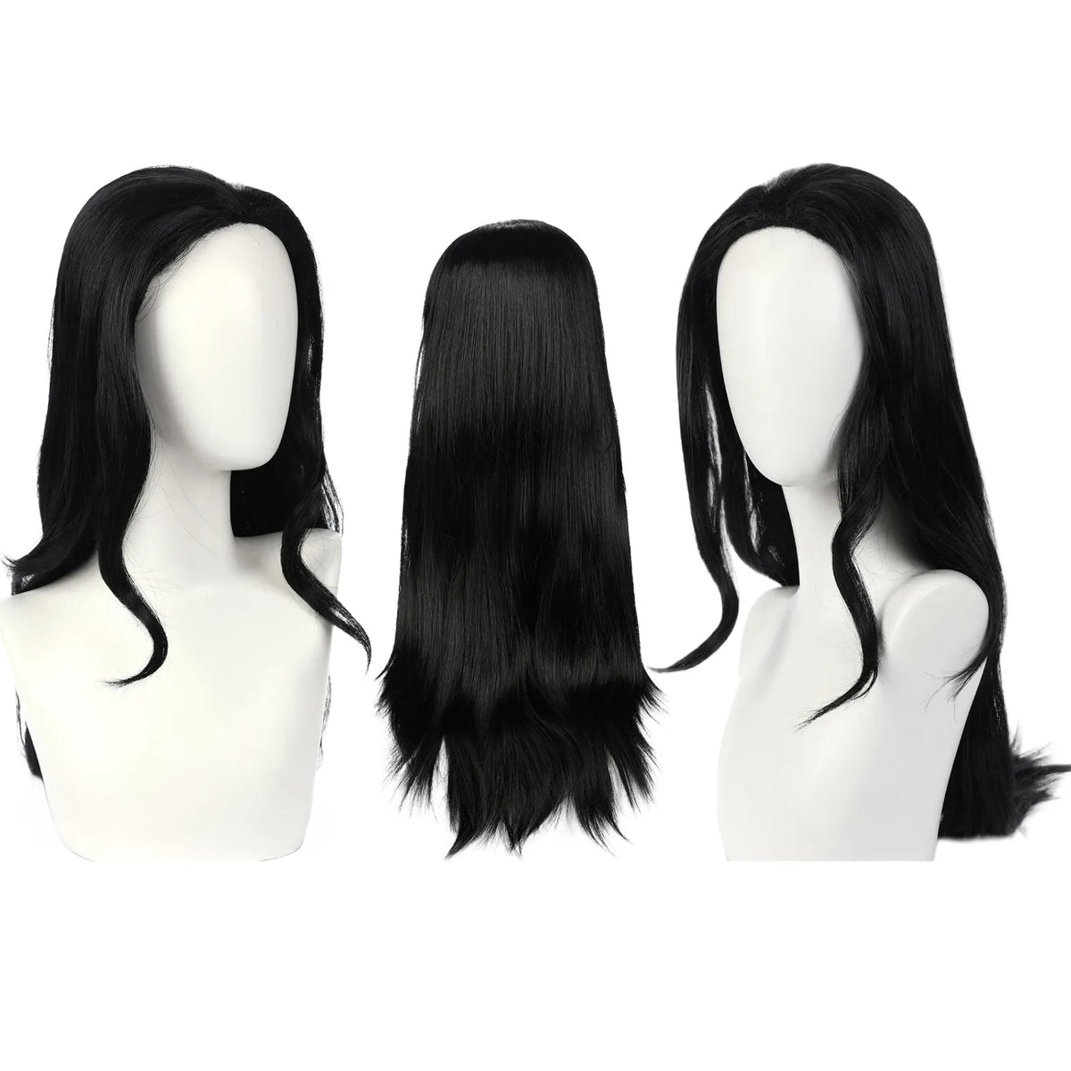 nico robin cosplay wig, long wavy black hair, three angle display on white mannequin head