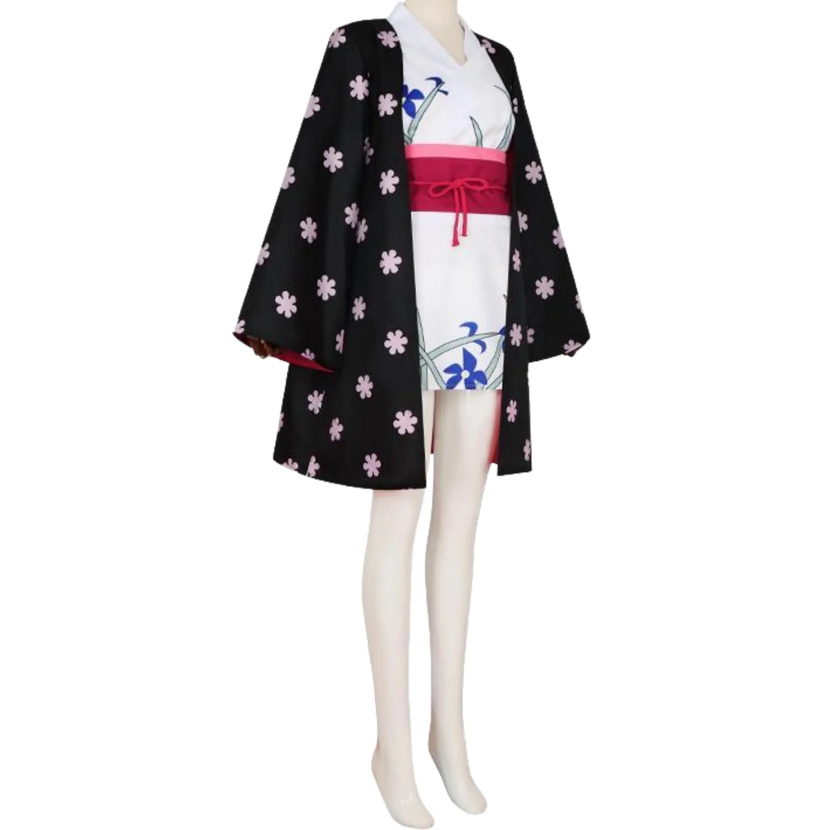 front side view of nico robin cosplay on mannequin, black cherry blossom haori, white floral kimono dress, red waist sash, white background