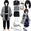 obanai iguro demon slayer cosplay set, model full body view, matching cosplay wig mask and accessories collage, plain white background