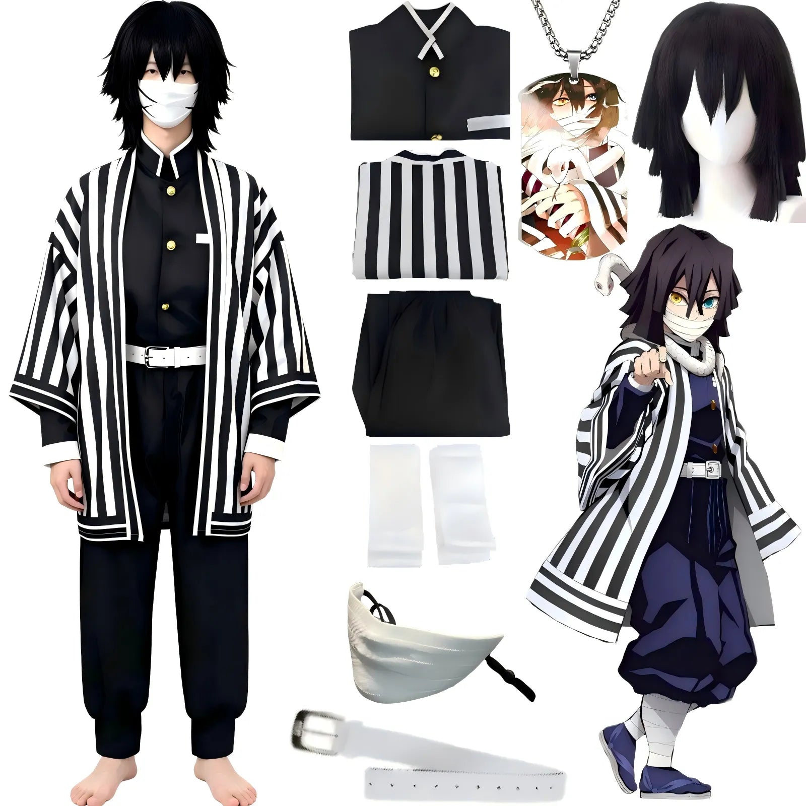 obanai iguro demon slayer cosplay set, model full body view, matching cosplay wig mask and accessories collage, plain white background