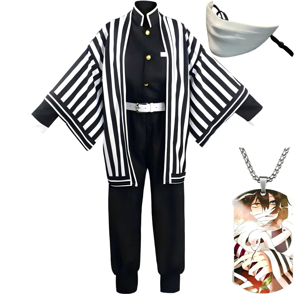 complete obanai iguro cosplay suit, black‑white striped haori uniform, white half‑face mask and character necklace, white background