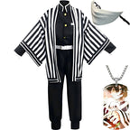 complete obanai iguro cosplay suit, black‑white striped haori uniform, white half‑face mask and character necklace, white background