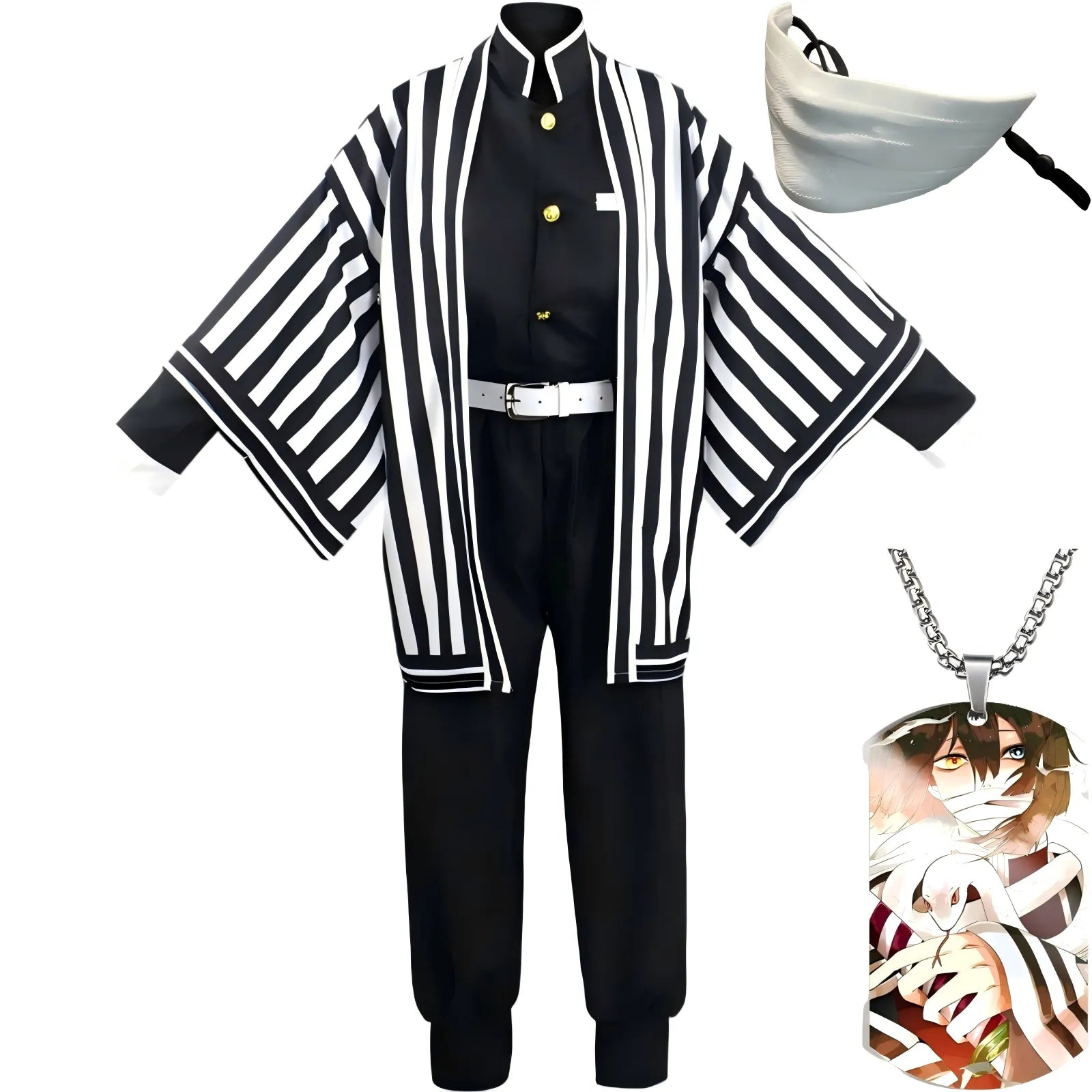 complete obanai iguro cosplay suit, black‑white striped haori uniform, white half‑face mask and character necklace, white background