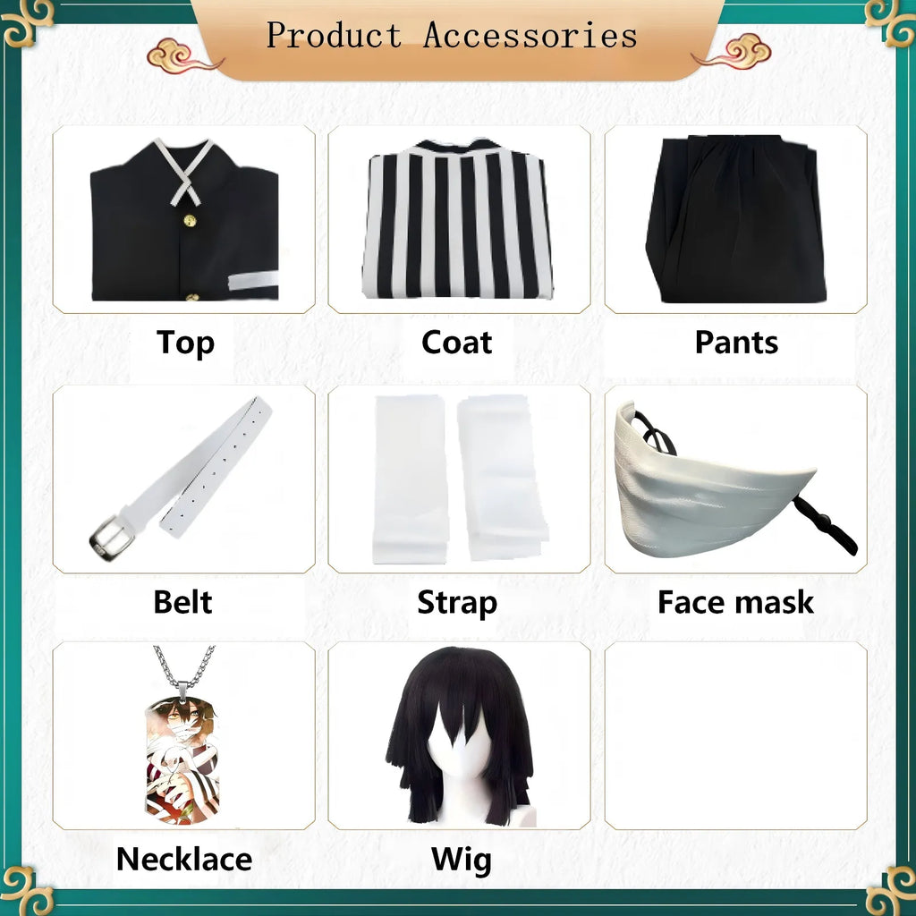 obanai iguro cosplay accessories display chart, top coat pants belt wig mask necklace, product parts grid layout