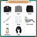 obanai iguro cosplay accessories display chart, top coat pants belt wig mask necklace, product parts grid layout