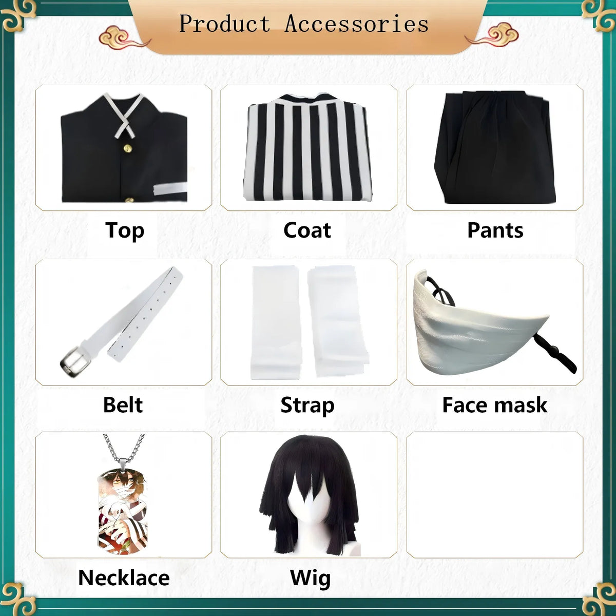 obanai iguro cosplay accessories display chart, top coat pants belt wig mask necklace, product parts grid layout