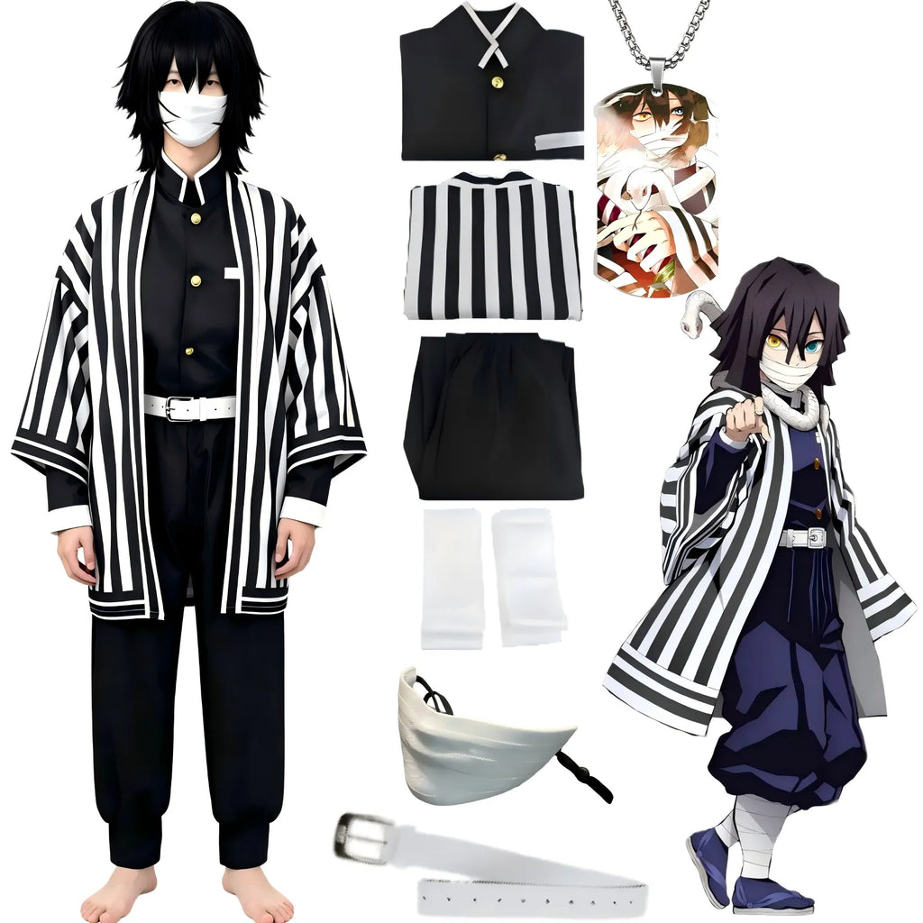 young man full body obanai iguro cosplay, complete costume set with wig mask necklace, demon slayer cosplay product collage, white background