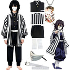 young man full body obanai iguro cosplay, complete costume set with wig mask necklace, demon slayer cosplay product collage, white background