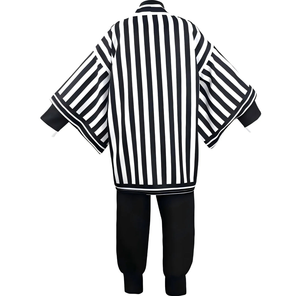 back view of obanai iguro cosplay costume, black white striped haori and black uniform pants, white background product photo