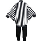 back view of obanai iguro cosplay costume, black white striped haori and black uniform pants, white background product photo