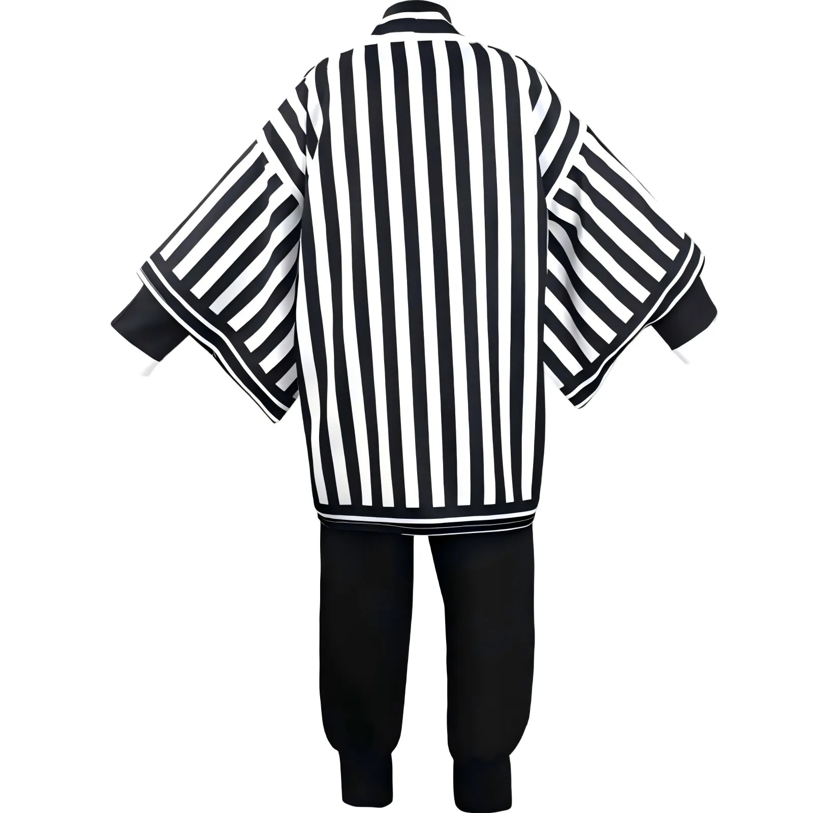 back view of obanai iguro cosplay costume, black white striped haori and black uniform pants, white background product photo