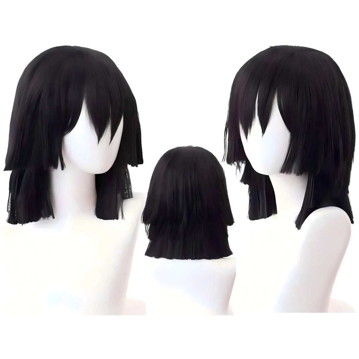 multi angle view obanai iguro black layered cosplay wig, anime hairstyle, mannequin head, white background
