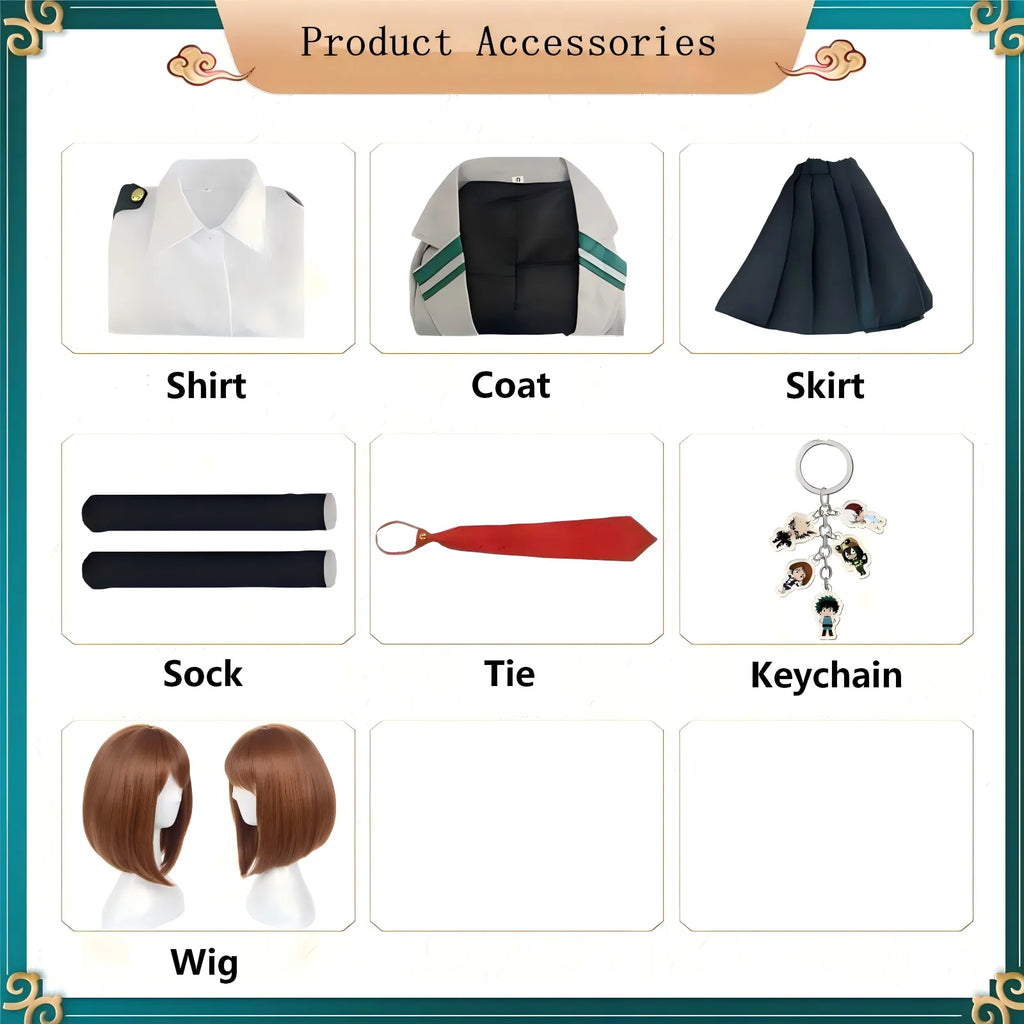 mha ochako uraraka cos accessory sheet coat shirt skirt wig red tie socks anime keychain
