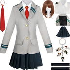 ochako uraraka my hero academia cos full costume brown bob wig coat shirt skirt tie socks keychain flat lay