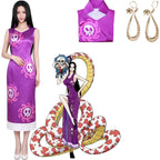 young asian female model wearing boa hancock cosplay, purple sleeveless qipao with pirate skull print, gold earrings, one piece boa hancock costume display