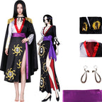 young asian female model wearing boa hancock cosplay outfit, black dress with gold skull print, black cape with gold tassels, purple sash, snake earrings, anime art, product parts on white background