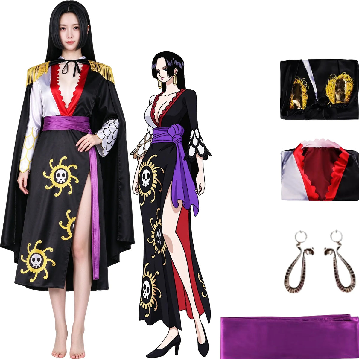 young asian female model wearing boa hancock cosplay outfit, black dress with gold skull print, black cape with gold tassels, purple sash, snake earrings, anime art, product parts on white background