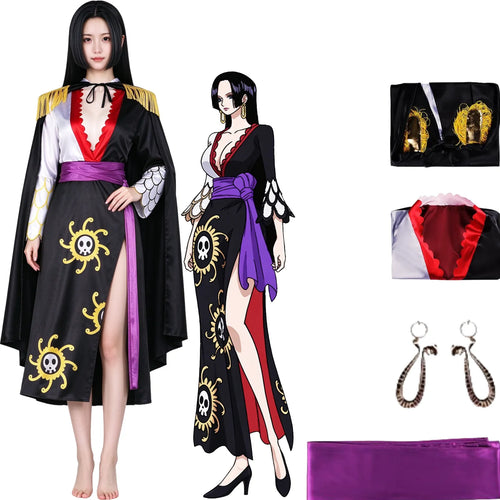 young asian female model wearing boa hancock cosplay outfit, black dress with gold skull print, black cape with gold tassels, purple sash, snake earrings, anime art, product parts on white background