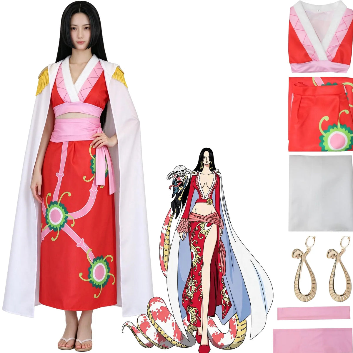 young asian female model wearing boa hancock cosplay outfit, red printed long skirt, pink top, white cape with gold tassels, snake earrings, anime illustration, separated costume parts on white background