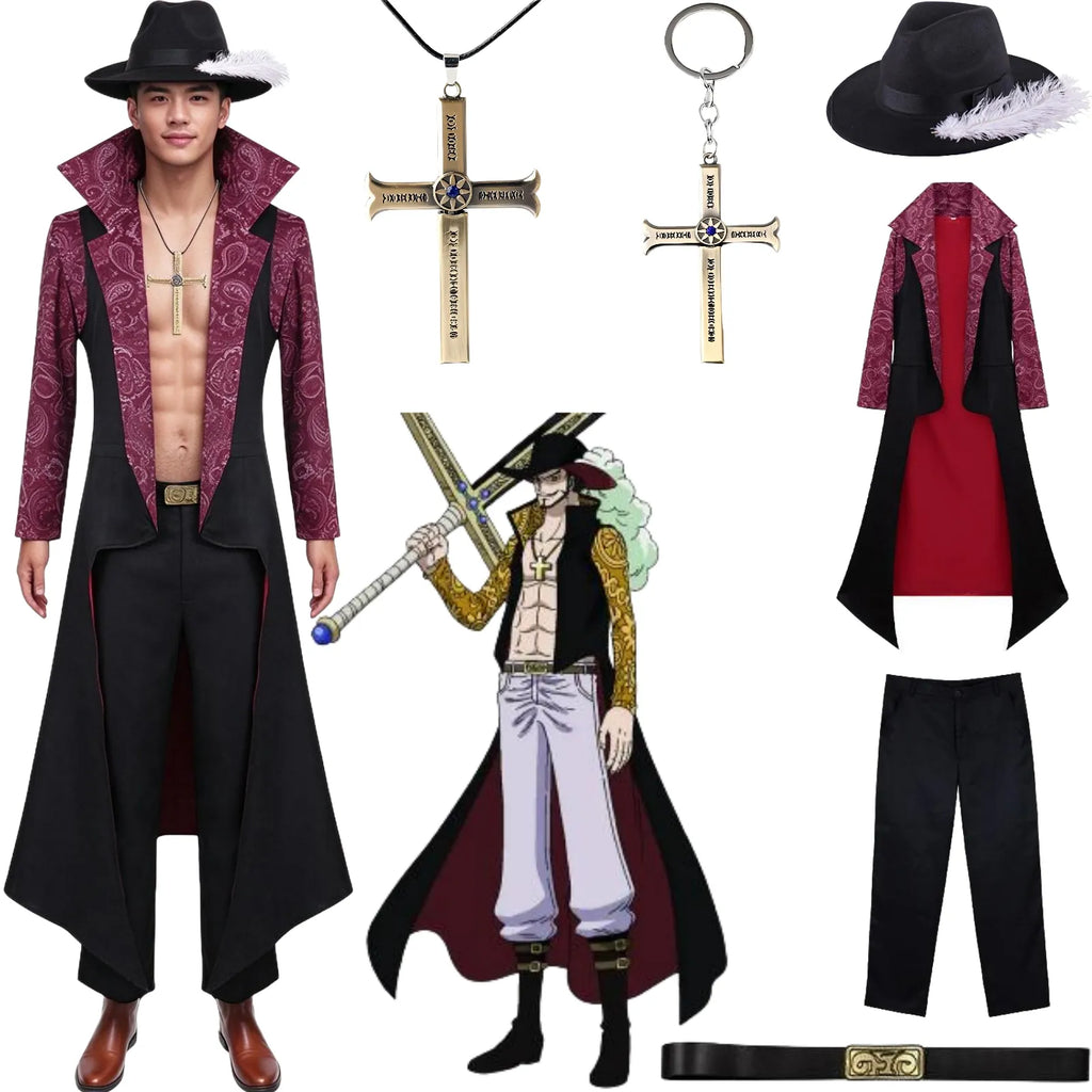 young asian male model wearing dracule mihawk cosplay, long black tailcoat purple paisley sleeves, hat cross necklace keychain, one piece mihawk costume display
