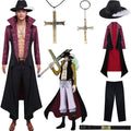 young asian male model wearing dracule mihawk cosplay, long black tailcoat purple paisley sleeves, hat cross necklace keychain, one piece mihawk costume display
