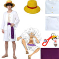 young asian male model wearing monkey d luffy gear 5 cosplay outfit, white top and shorts, purple sash, straw hat, nika anime illustration, separated costume parts on white background
