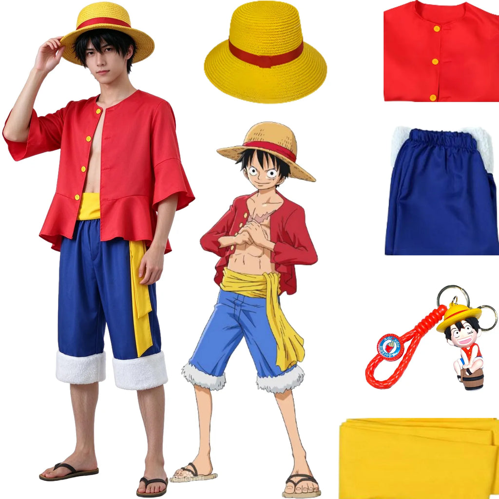young asian male model wearing monkey d luffy wano cosplay outfit, red flare sleeve top, blue shorts, yellow sash, straw hat, anime illustration, separated costume parts on white background