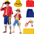 young asian male model wearing monkey d luffy wano cosplay outfit, red flare sleeve top, blue shorts, yellow sash, straw hat, anime illustration, separated costume parts on white background