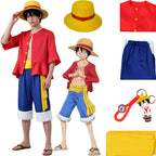 young asian male model wearing monkey d luffy wano cosplay outfit, red flare sleeve top, blue shorts, yellow sash, straw hat, anime illustration, separated costume parts on white background