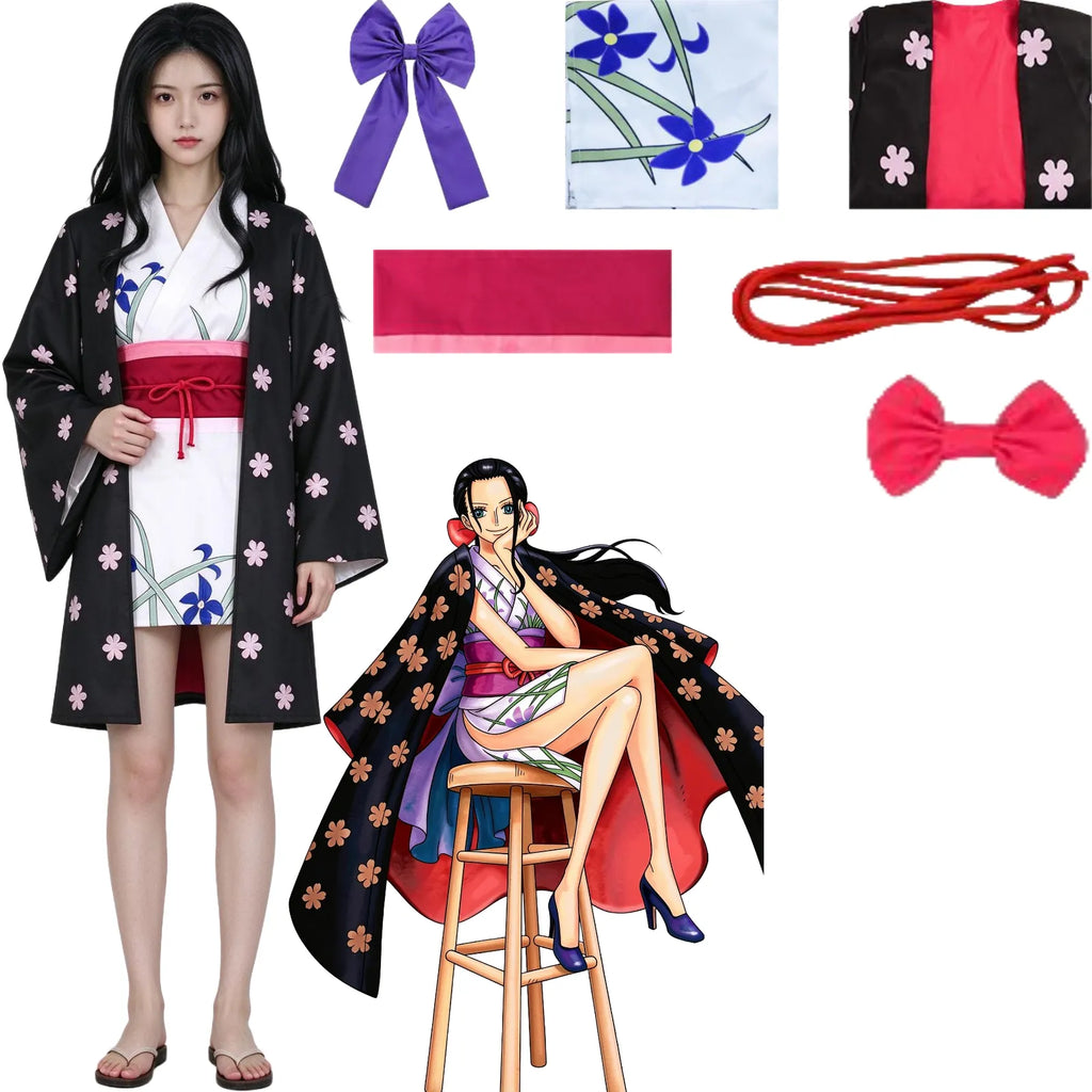 young asian female model wearing nico robin wano cosplay, black floral haori white kimono dress red belt, one piece nico robin costume display
