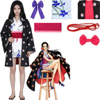 young asian female model wearing nico robin wano cosplay, black floral haori white kimono dress red belt, one piece nico robin costume display