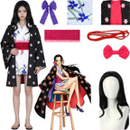 nico robin wano country cosplay costume set, long black wig, floral haori kimono dress with bow accessories