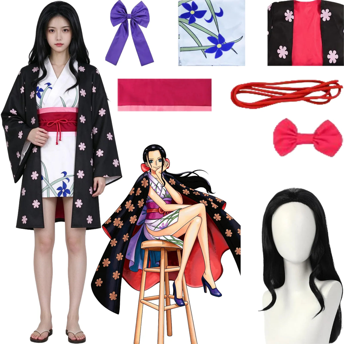 nico robin wano country cosplay costume set, long black wig, floral haori kimono dress with bow accessories