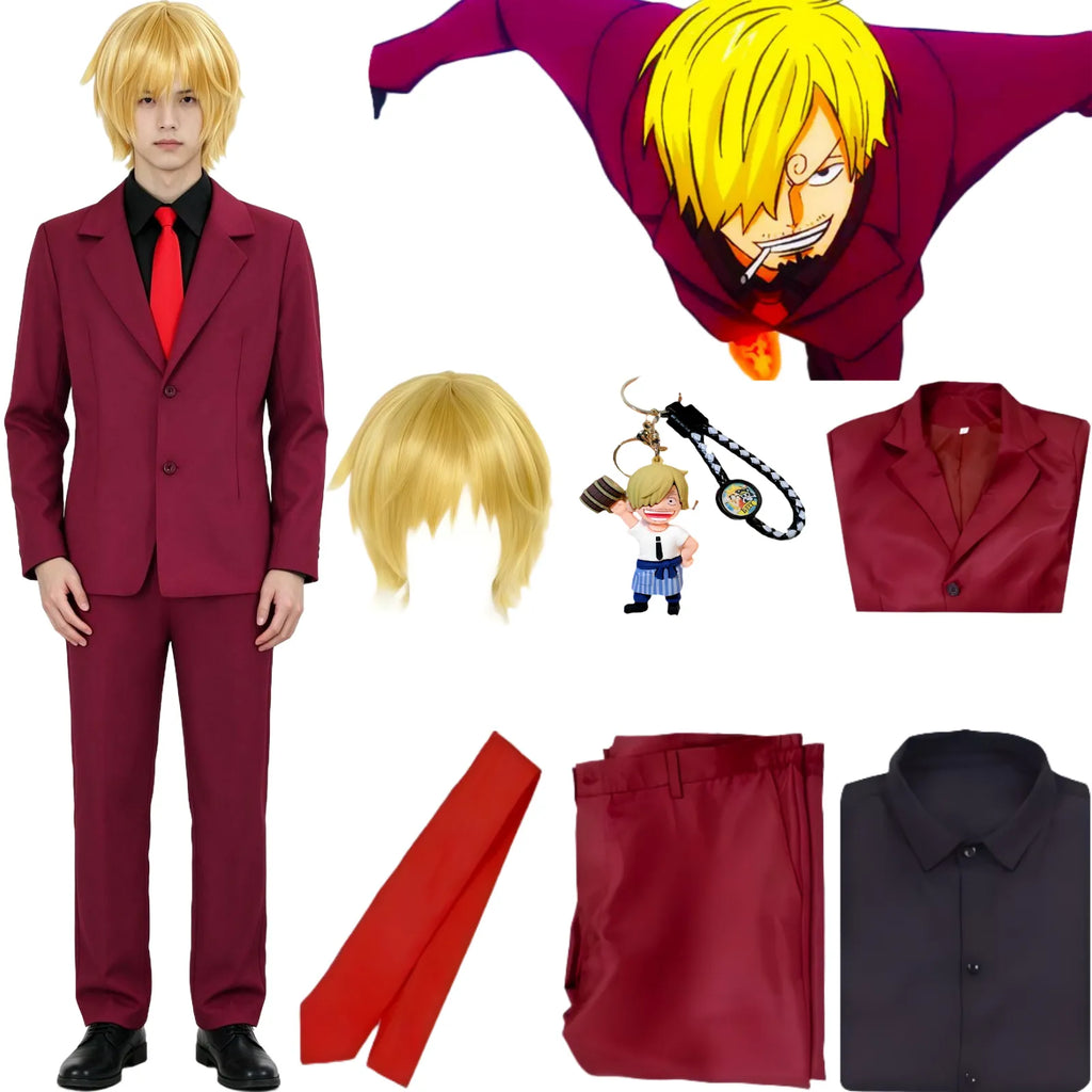 sanji red suit cosplay costume set, golden short wig, blazer pants black shirt red tie, one piece sanji outfit