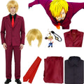 sanji red suit cosplay costume set, golden short wig, blazer pants black shirt red tie, one piece sanji outfit