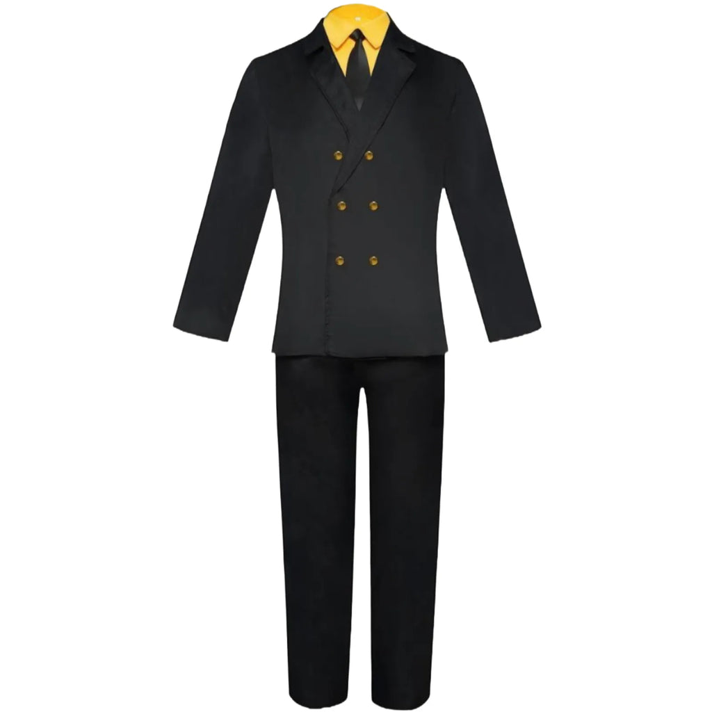 front view complete sanji cosplay costume, black double-breasted blazer with gold buttons, yellow shirt, black tie and pants