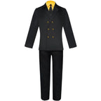front view complete sanji cosplay costume, black double-breasted blazer with gold buttons, yellow shirt, black tie and pants