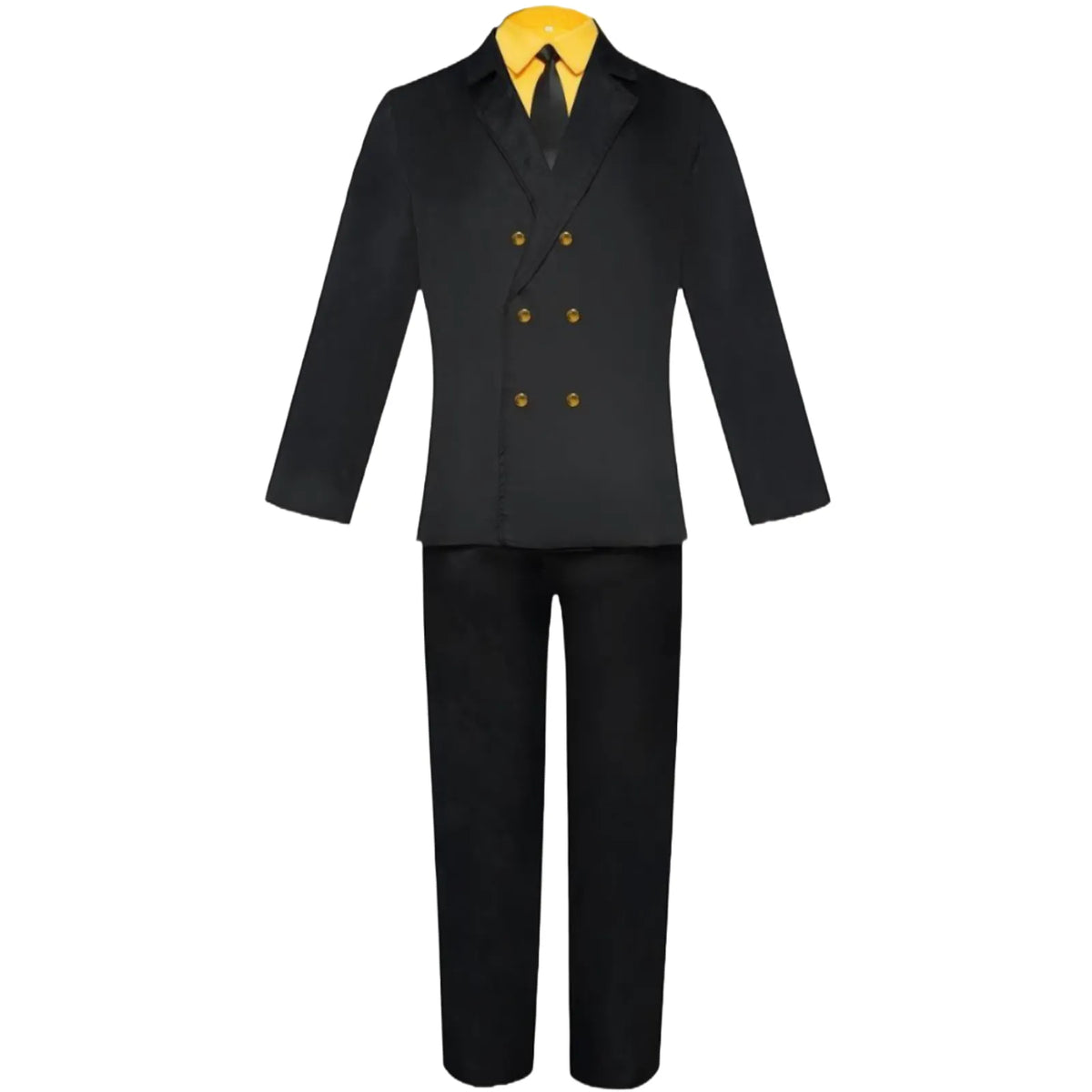 front view complete sanji cosplay costume, black double-breasted blazer with gold buttons, yellow shirt, black tie and pants