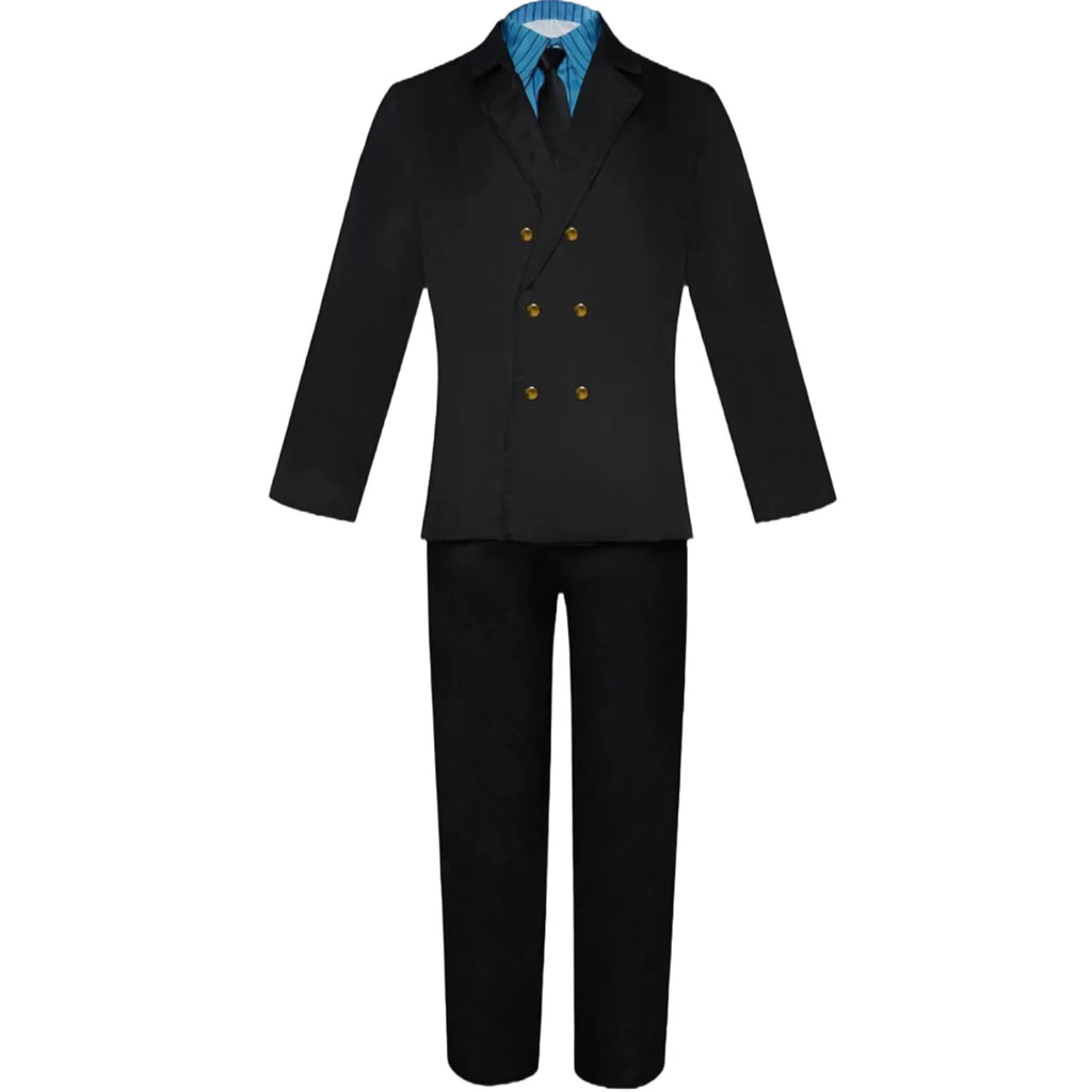 front view complete sanji cosplay costume, black double-breasted blazer with gold buttons, blue striped shirt, black tie and pants
