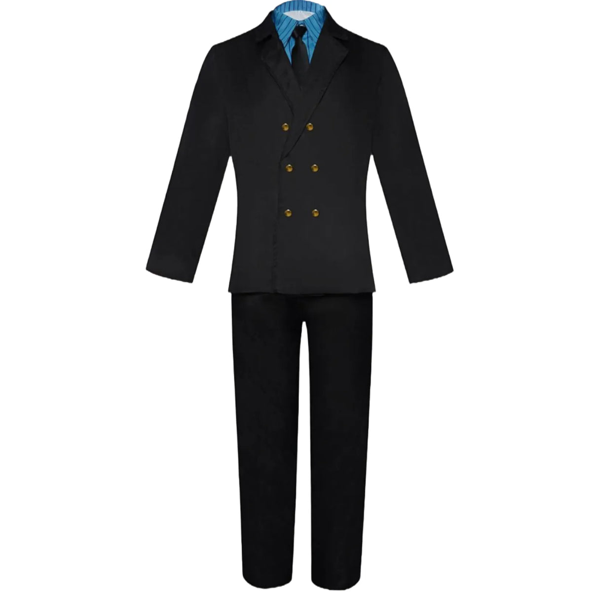 front view complete sanji cosplay costume, black double-breasted blazer with gold buttons, blue striped shirt, black tie and pants