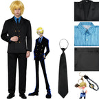 young asian man in sanji cosplay suit, black double-breasted blazer, blue striped shirt, black tie and pants, one piece sanji costume display