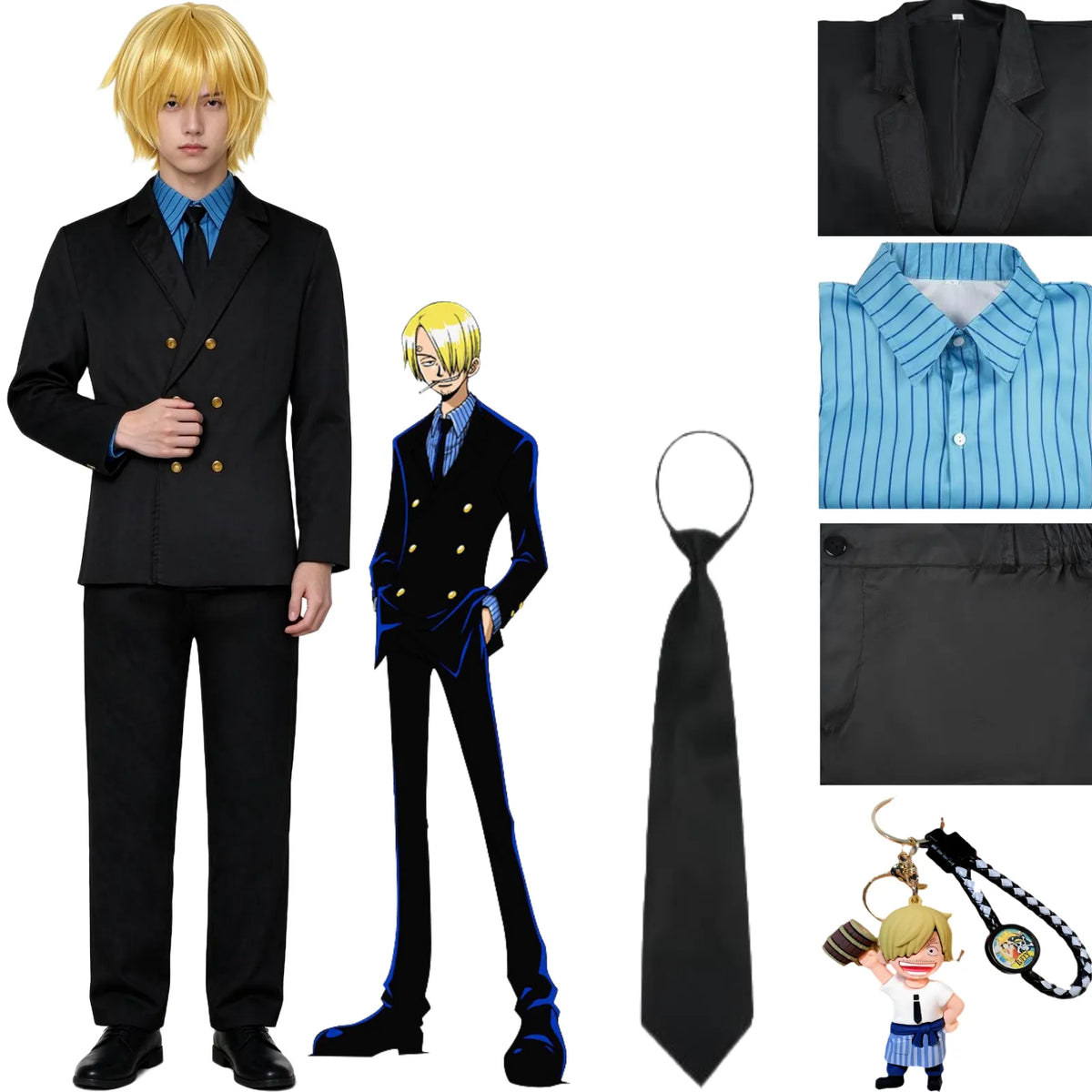 young asian man in sanji cosplay suit, black double-breasted blazer, blue striped shirt, black tie and pants, one piece sanji costume display