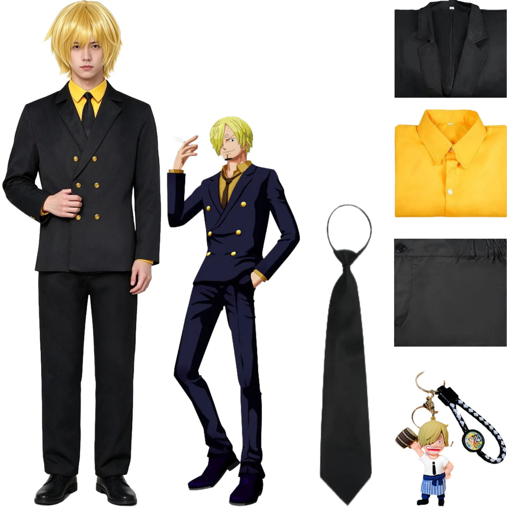 young asian man in sanji cosplay suit, black double-breasted blazer, yellow shirt, black tie and pants, one piece sanji costume display