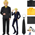 young asian man in sanji cosplay suit, black double-breasted blazer, yellow shirt, black tie and pants, one piece sanji costume display