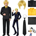 sanji cosplay costume set, blonde short wig, black suit jacket yellow shirt black tie pants, one piece sanji outfit