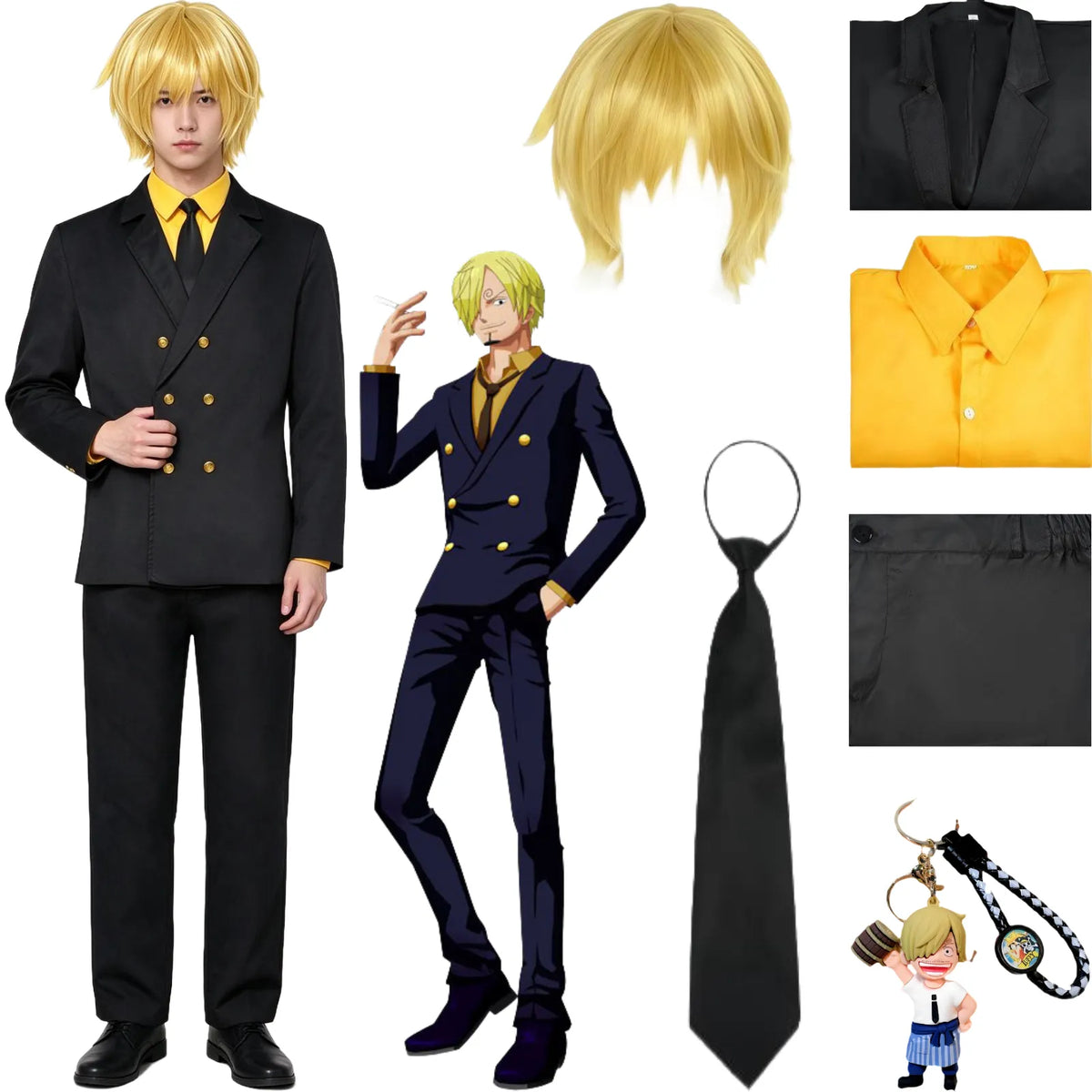 sanji cosplay costume set, blonde short wig, black suit jacket yellow shirt black tie pants, one piece sanji outfit