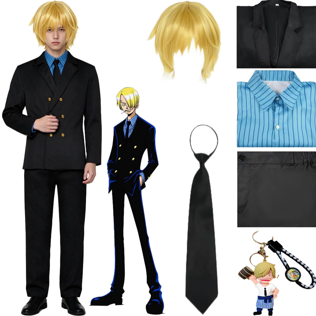 sanji cosplay costume set, blonde short wig, black suit jacket blue striped shirt black tie pants, one piece sanji outfit